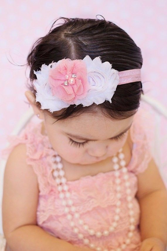 Bellazaara Baby Girl Shabby Pink & White  Chiffon Flower Baby Headband 