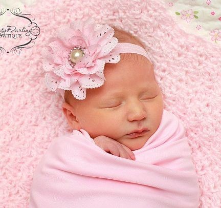 Bellazaara light Pink Baby Girl Eyelet Flower Headband With Pearl Crystal Center 