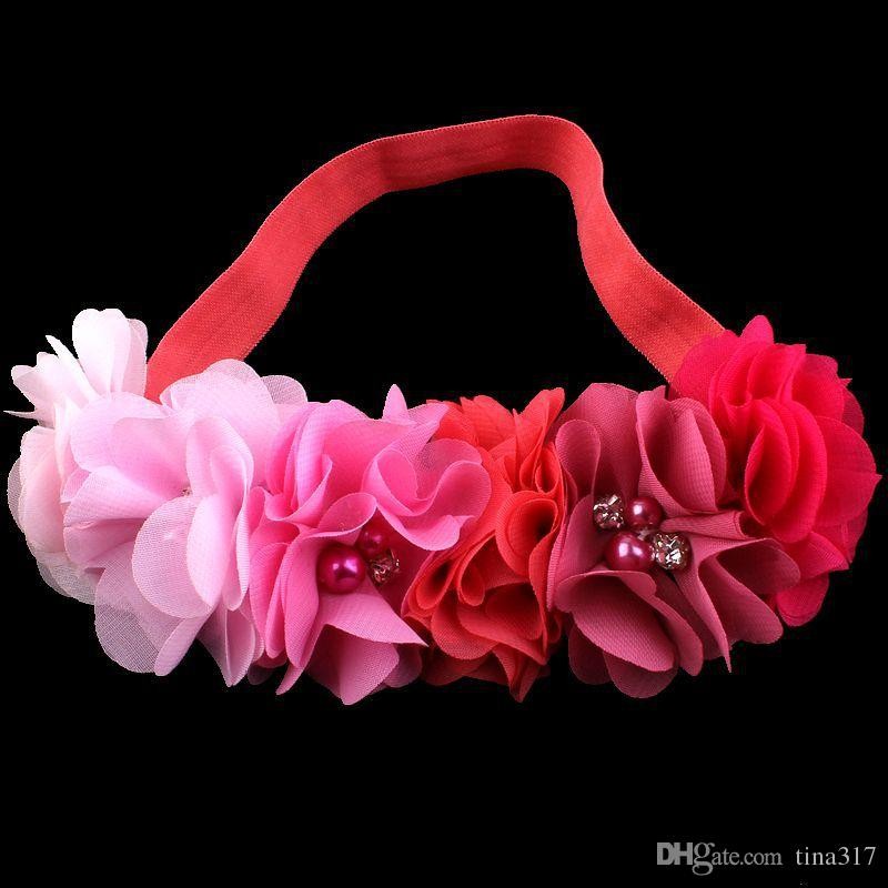 Bellazaara Pink Rainbow coloured 6 chiffon  flower with rhinestone Baby Girl Headband