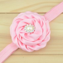 Bellazaara Rolled Rosette Pink satin Flower Baby Headband with Pearl Crystal Center 