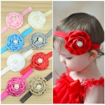 Bellazaara Rolled Rosette Red satin  Flower Baby Headband with Pearl Crystal Center 