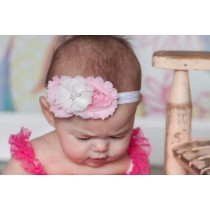 Bellazaara Baby Girl Shabby Pink & White  Chiffon Flower Baby Headband 