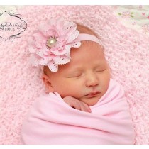 Bellazaara light Pink Baby Girl Eyelet Flower Headband With Pearl Crystal Center 