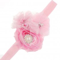 Bellazaara Pink  Dressy  Baby Girl Headband chiffon Rose Flower with Pearl 