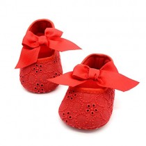Bellazaara Red Infant Girls Cotton Ribbon Bowknot Soft Bottom Flower Prewalker (0-6 Months)
