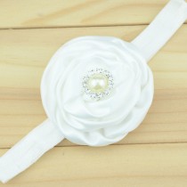 Bellazaara Rolled Rosette White Satin Flower Baby Headband with Pearl Crystal Center 